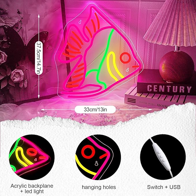 Fish Neon Sign Colorful Fat Headed Fish Neon Light Dimmable LED Neon Light for Wall Decor USB Powered Animal Light Up Sign for Bedroom Ocean Museum Boys And Girls Gifts