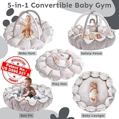 5-in-1 Thick & Plush Baby Play Gym, Baby Play Mats for Floor, Tummy Time Mat with 6 Toys, Cat Bed, Dog Bed, Convertible Stage-Based Developmental from Baby to Toddler, Ball Pit, Pet Cushion Cloudico