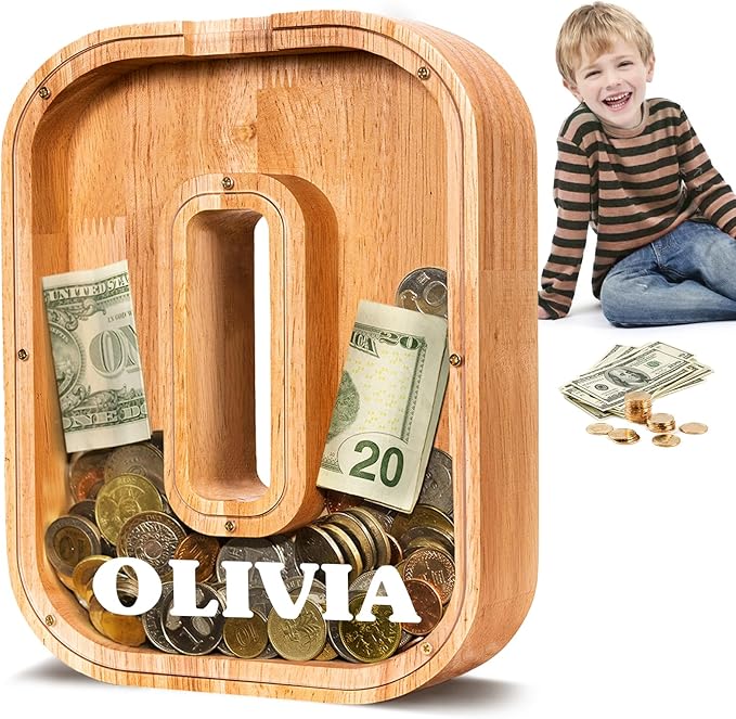 KMC Wooden Letter Piggy Bank, Personalized Initial Piggy Bank for Kids Boys, Clear Alphabet O Wood Money Box, Unbreakable Coin Saving Jar, Birthday, for Children