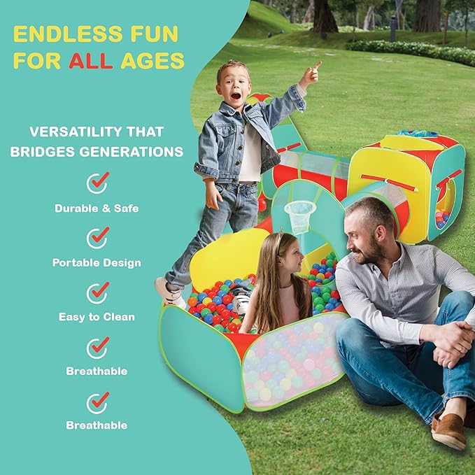 5pc Kids Play Tent for Toddlers with Ball Pit, Crawl Tunnel, Indoor & Outdoor Playhouse, Jungle Gym, Toys for Boys & Girls, Includes Dart Balls, Teepee & Basketball Hoops