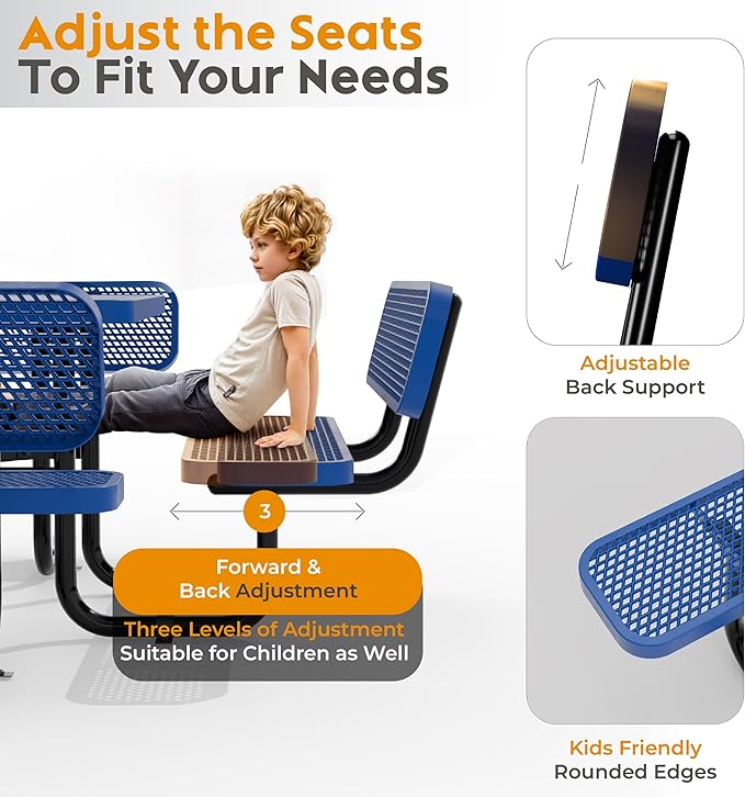 Metal Picnic Tables for Outdoors with Umbrella Hole - Coated Steel Heavy Duty Commercial Grade Table with Adjustable Seats (Blue, 46 in, Square with Back, Expanded Steel)