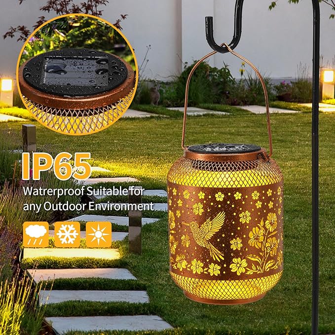 Solar Lanterns Outdoor Waterproof Hummingbird Garden Decor Birthday Gifts for Women Mom Grandma Hanging Solar Lights Metal Decoration Outside for Yard, Patio, Backyard, Porch, Pathway