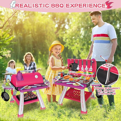 Kids Play Kitchen Toys, Kids BBQ Grill Kitchen Playset with Smoke, Sound & Light, Pink Play Food Toys Cooking Set, 2-Layer Barbecue Outdoor Play Grill Toy Gift for Toddler Girls 3-5, Pink