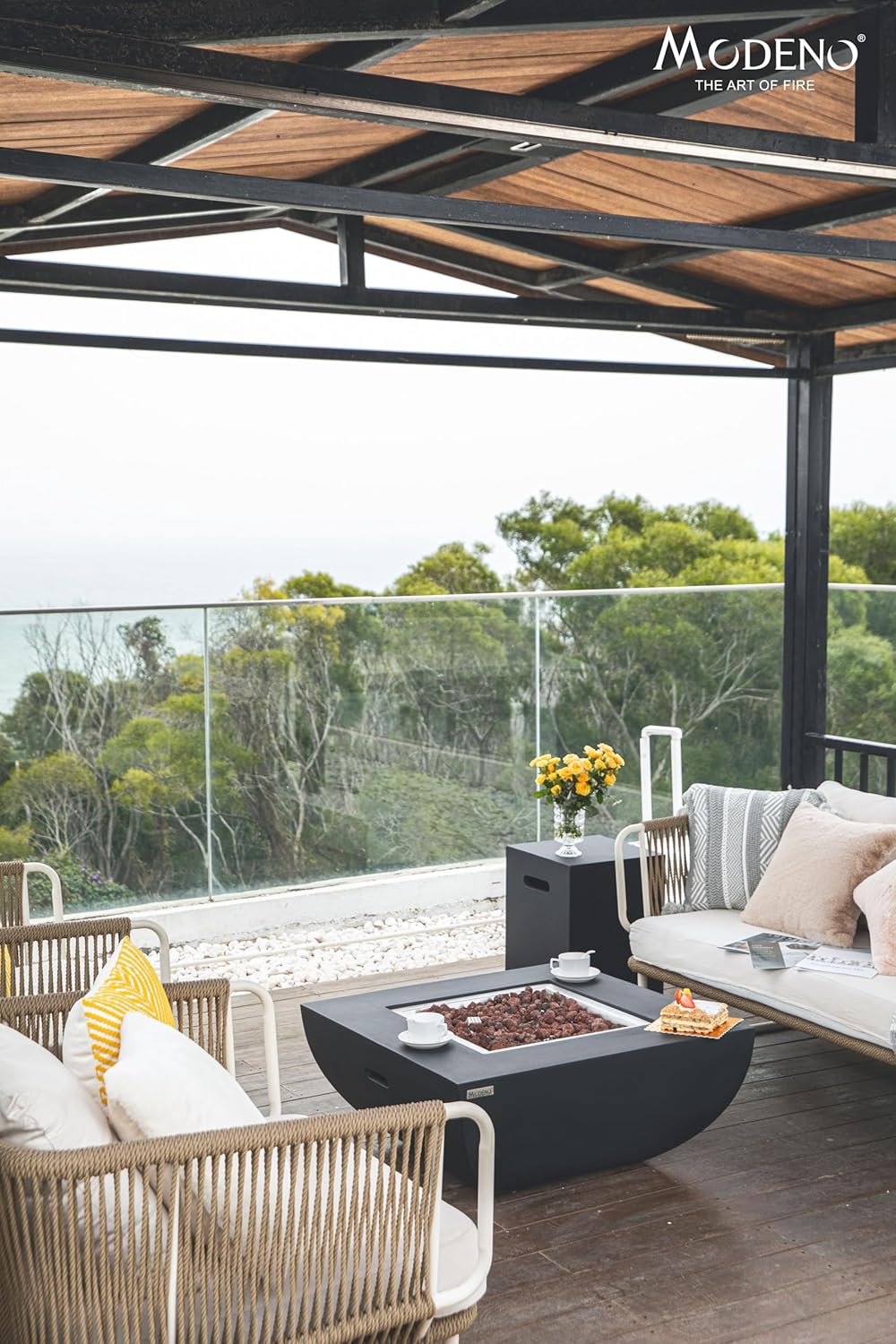 AMS Fireplace | Modeno Aurora Package | Black Natural Gas Fire Pit Table for Outside Patio Bundle with Wind Guard, and SS Burner Lid | Free Rubber Mat & Ice Bucket