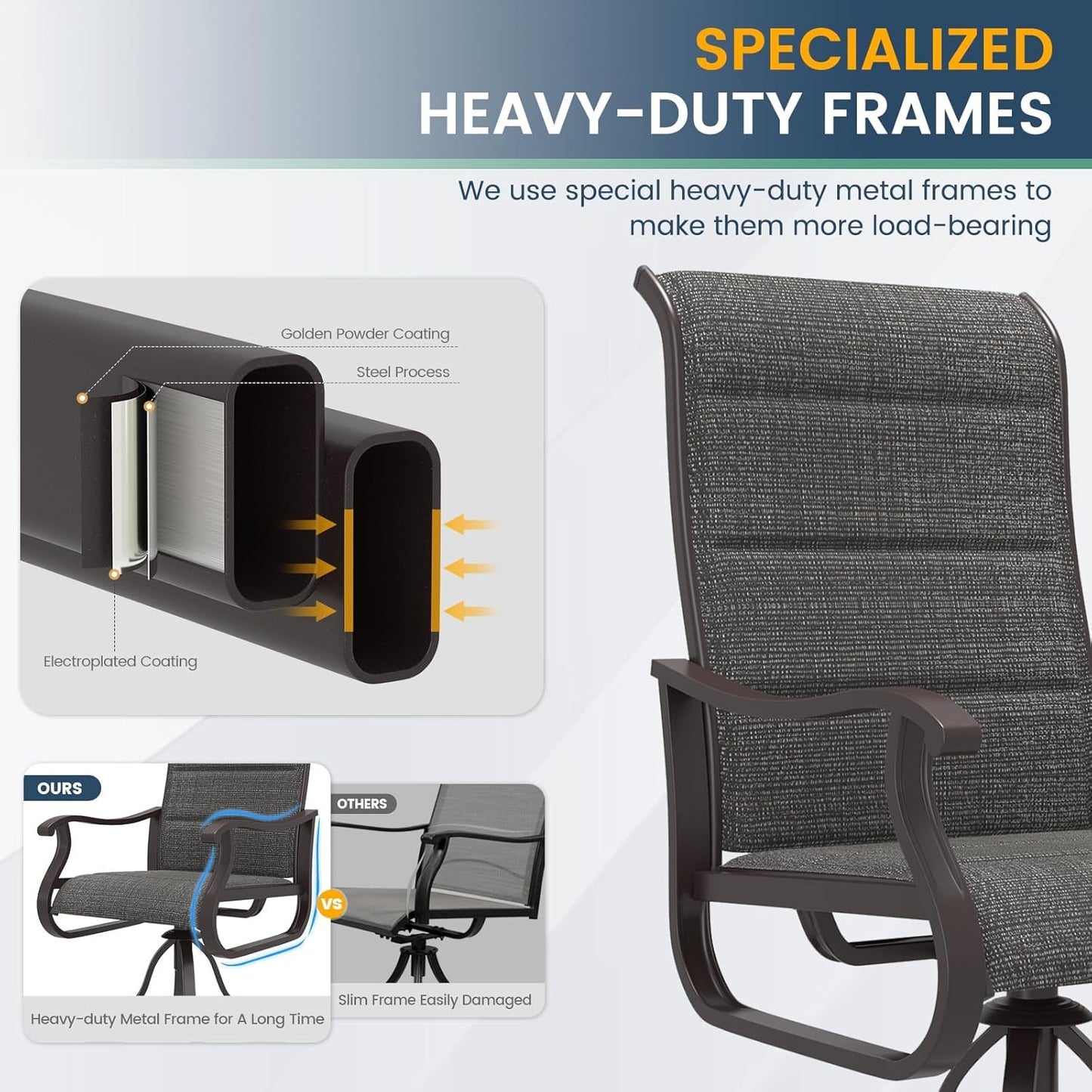 Amopatio Padded Patio Swivel Chairs Set of 2, Outdoor Dining Chairs with Ultra Soft Textilene High Back Seat & Metal Rocker Frame, for Backyard Deck Lawn (Dark Grey)