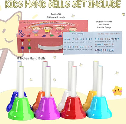 Hand Bells, 8 Note Musical Handbells Set with 17 Songbook Musical Toy Percussion Instrument for Toddlers Children Kids for Children's Day Family Activity School and Church (Multicolored)