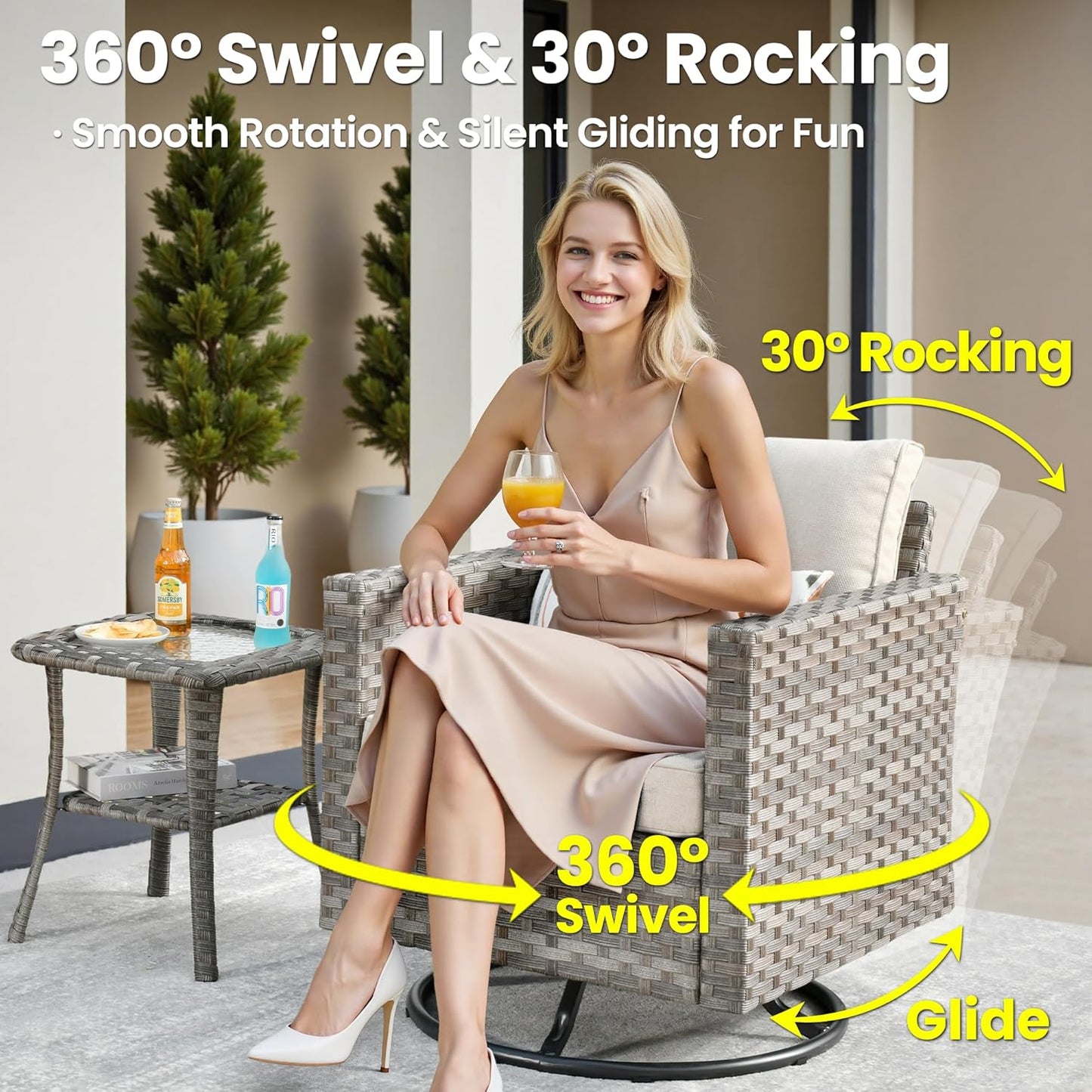 ovios 8 Pieces Patio Furniture Set, Outdoor Wicker Sectional Sofa with Swivel Chair Coffee Table, Modern Modular Deep Seat Rattan Couch Conversation Sets, Beige