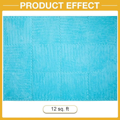 12 Pcs Plush Interlocking Carpet Tiles, Non-Toxic Foam Carpet Tiles for Toddler Baby, Machine-Washable, Anti-Slip, EVA Foam Interlocking Tiles for Floor, Nursery, Playroom, Blue