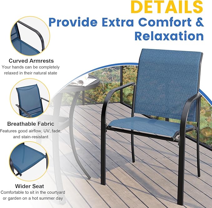 VICLLAX Patio Dining Set for 4, Outdoor Furniture Set Includes 40.2" Square Patio Table and 4 Stackable Patio Sling Chairs, Patio Table and Chairs for Outsides, Black Table and Blue Chairs