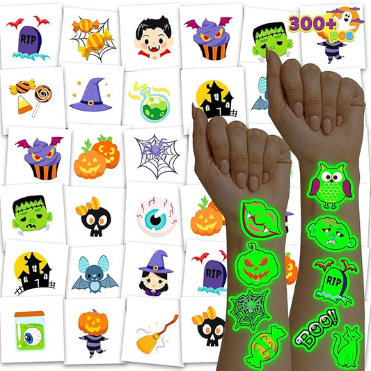 JOYIN 306 Pcs Halloween Tattoos for Kids, Glowing Temporary Tattoos in Assorted Designs Bulk for Child Trick or Treat Gifts Halloween Party Favor Decorations Goodie Bags Supplies Class Game Prizes