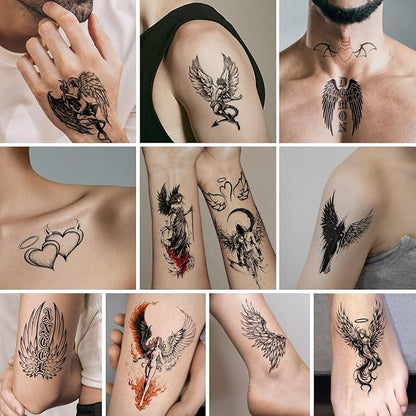 77 Sheets Temporary Tattoo for Women Men, 17 Sheets Half Arm Large Black Angel Devil Fake Tattoos, 60 Sheets Skull Heart Wings Tiny for Adult Kids Cosplay Party Body Tattoos Stickers Realistic