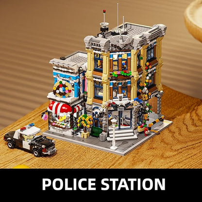 City Police Office Architecture Building Model Building Kit,MOC Street View House with 3 Levels Modular Building Blocks Model Set for Adults and Teens,Collectible Display Toy,2967 Pieces