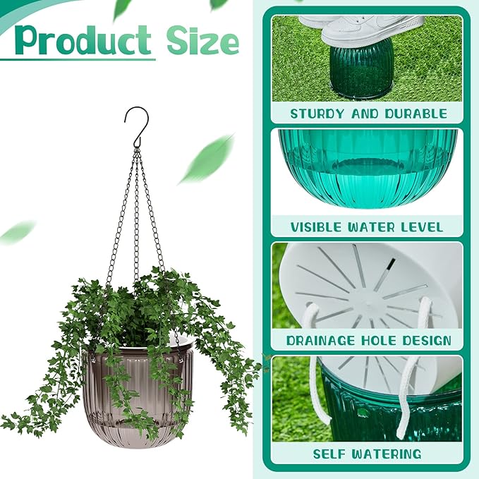 Meanplan 4 Pcs Self Watering Hanging Planter Indoor 6.5 Inch Hanging Baskets for Plants Outdoor Plastic Flower Pot with 3 Hooks Chains Drainage Holes for Garden Home, Medium Size(Emerald, Gray)