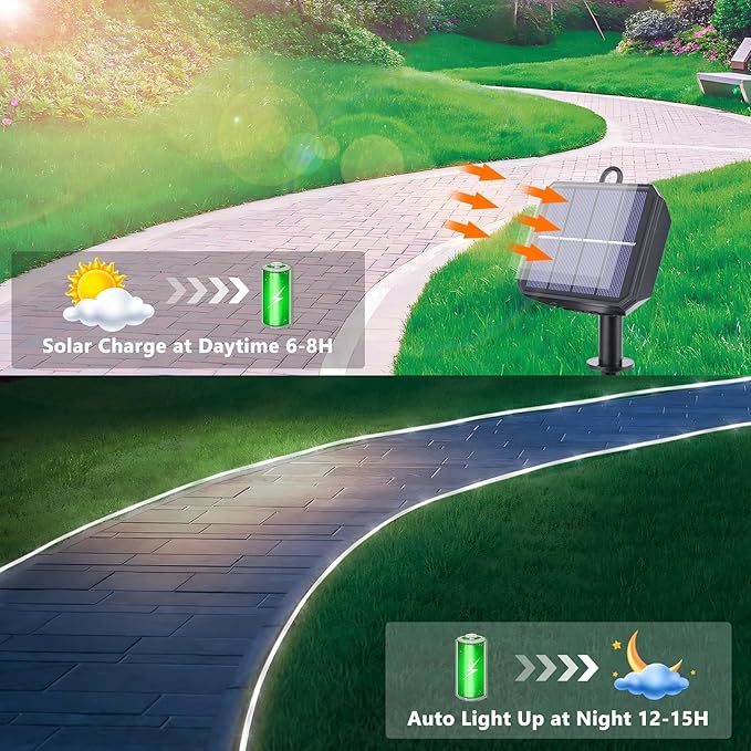 Solar Rope Lights, 66ft 200LED String, 8 Modes Waterproof Powered Outdoor, Flexible Clear Tube for Garden, Backyard, Patio, Deck, Porch, Pool, Tree Decorative - White