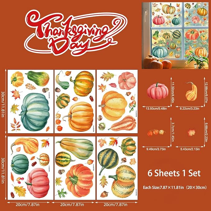 6 Sheets Fall Pumpkin Window Clings Colorful Autumn Pumpkins Leaves Pinecone Designs Double-Sided Fall Leaves Window Clings for Thanksgiving Home School Party Decor Accessories