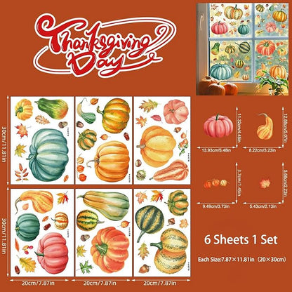 6 Sheets Fall Pumpkin Window Clings Colorful Autumn Pumpkins Leaves Pinecone Designs Double-Sided Fall Leaves Window Clings for Thanksgiving Home School Party Decor Accessories