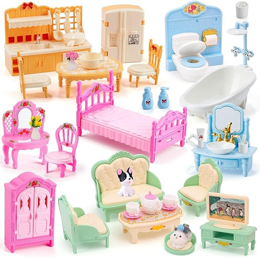 45 Pcs Dollhouse Furniture Set Accessories Pretend Play Bedroom Living Room Bathroom Kitchen Doll House Mini Furniture for Kids Birthday and Christmas 4 Colors