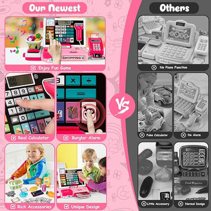 Kids Cash Register Toy Playset, Toddler Prentend Play Store with Real Calculator Cash Register with Scanner/Credit Card/Play Money/Food, Learning Toys for Boys Girls Toddlers(Pink)