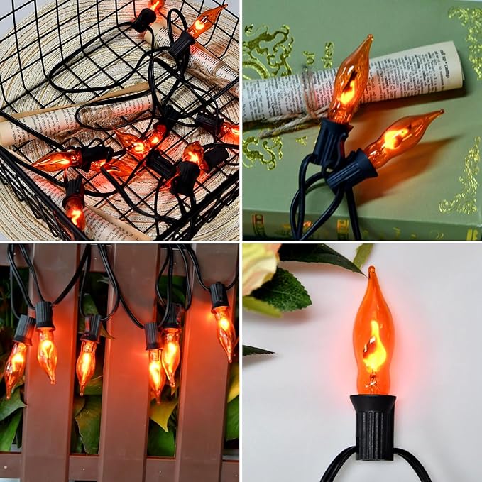 Flickering Flame String Lights Orange Halloween Lights with 10 Pack C7 Orange Flame Light Bulbs, 12.8Ft Orange Flame String Lights for Halloween Decorations for Home Party Yard