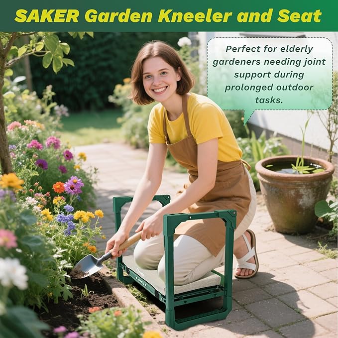 Saker Garden Kneeler and Seat Foldable Gardening Stool with Extendable Legs & Thickened Pad, Tool, Heavy Duty Support for Elderly, Gardening, Outdoor Use