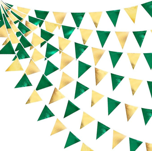 Green Gold Party Decorations Metallic Fabric Triangle Pennant Banner Flag Bunting Garland for Graduations Birthday Retirement Wedding Baby Shower Spring Summer Master Golf Theme Outdoor Party Supplies