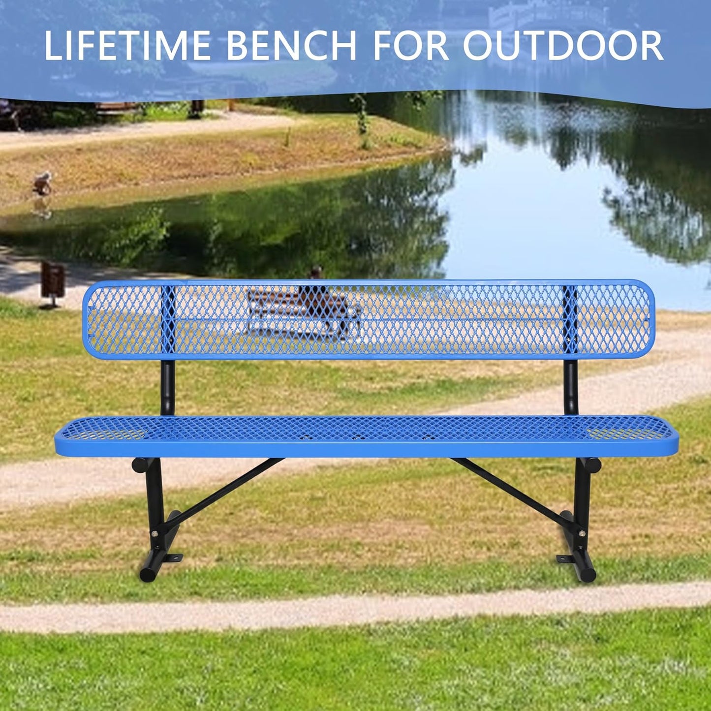 8 FT Steel Park Bench for Outside, Outdoor Bench with Backrest & Portable Frame, Commercial Benches for Shopping Mall, Store, Park, Patio, Deck, Blue