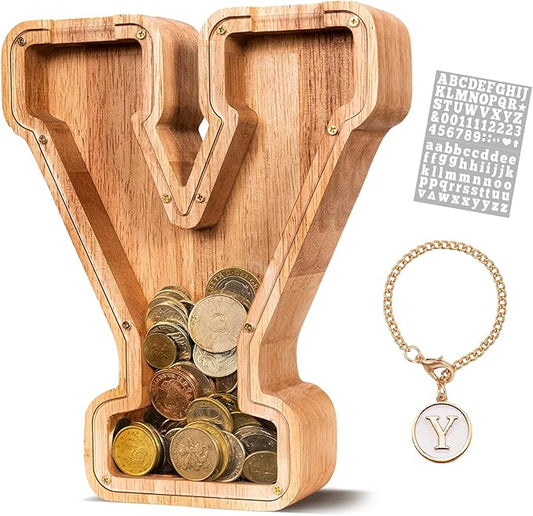 KMC Wooden Letter Piggy Bank, Personalized Initial Piggy Bank for Kids Boys, Clear Alphabet Y Wood Money Box, Unbreakable Coin Saving Jar, Birthday, for Children