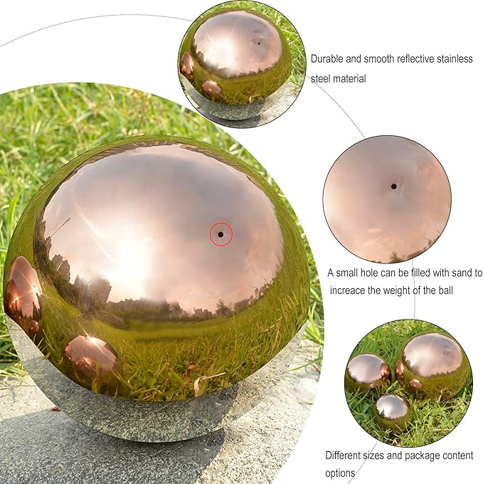 Nerien Gazing Ball, Stainless Steel Garden Mirror Globe, Polished Ornament Sphere, Hollow Floating Reflective Hemisphere, for Home Outdoor Pond Housewarming Swimming Pool Decoration, Rose Gold, 10Pcs