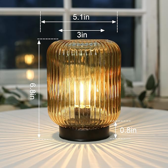 Battery Operated Lamp, Cordless Table Lamps for Home Decor, Battery Powered Nightlight with LED Bulb, Decorative Glass Beside Lamp for Bedroom Living Room-Gold