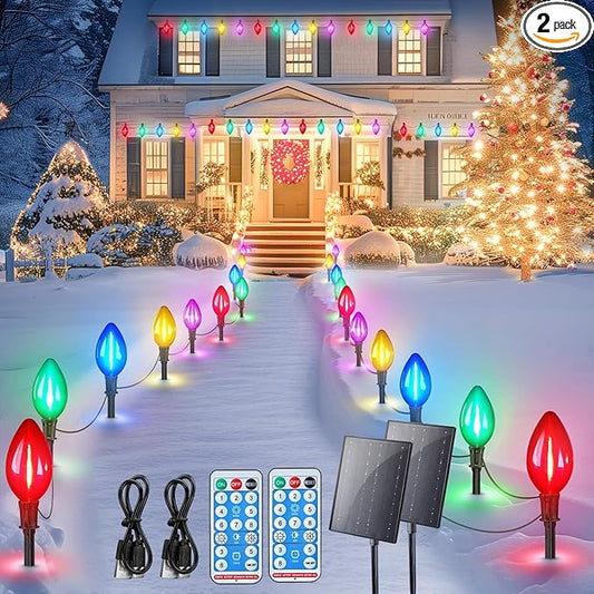Minetom 2 Pack Solar Double C9 Christmas Pathway Lights Outdoor -Total 32FT 20 LED C9 Christmas Lights Outdoor with Timer,8 Modes, Solar Christmas Outdoor Decorations for Lawn Outside Yard, Multicolor