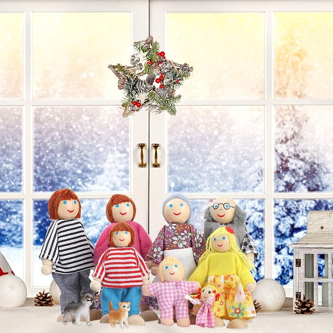 Skylety 10 Pcs Wooden Dollhouse Set of Mini People Figures Dollhouse Dolls Wooden Doll Play Figures Accessories(Classic Style)