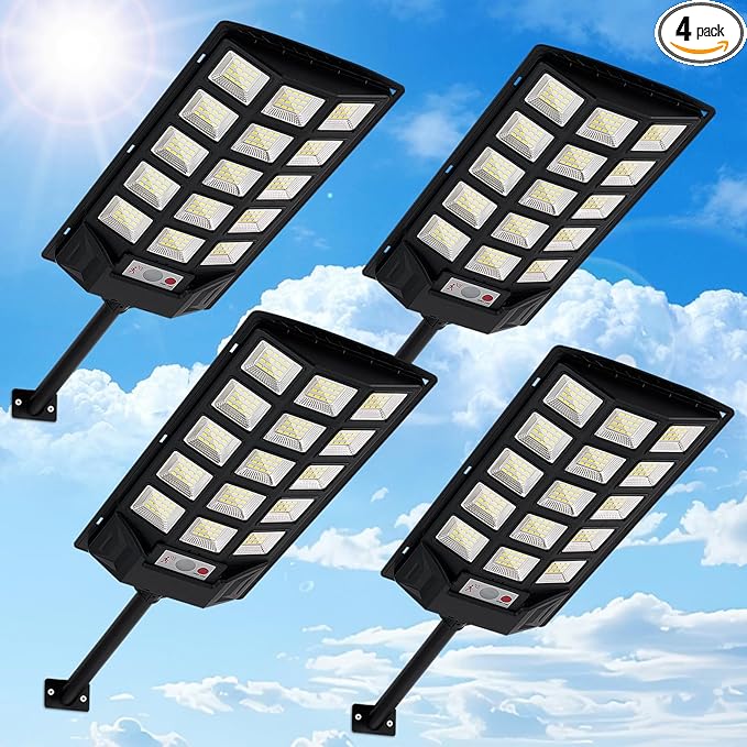 Solar Lights Outdoor,IP66 Waterproof Solar Street Lights with Motion Sensor & Remote,6500K Dusk to Dawn Flood Light for Parking Lot/Yard/Garden (4 Pack)