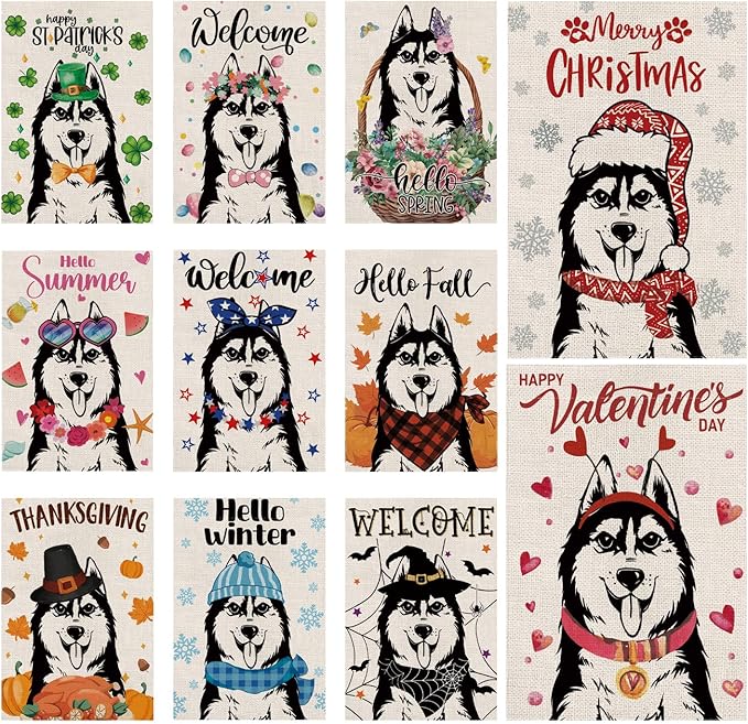 Seasonal Garden Flags Husky Double Sided Flags Set of 11 Holiday Farmhouse Indoor Outdoor Yard Lawn Christmas Gifts Decorations 12.5x18 Inch