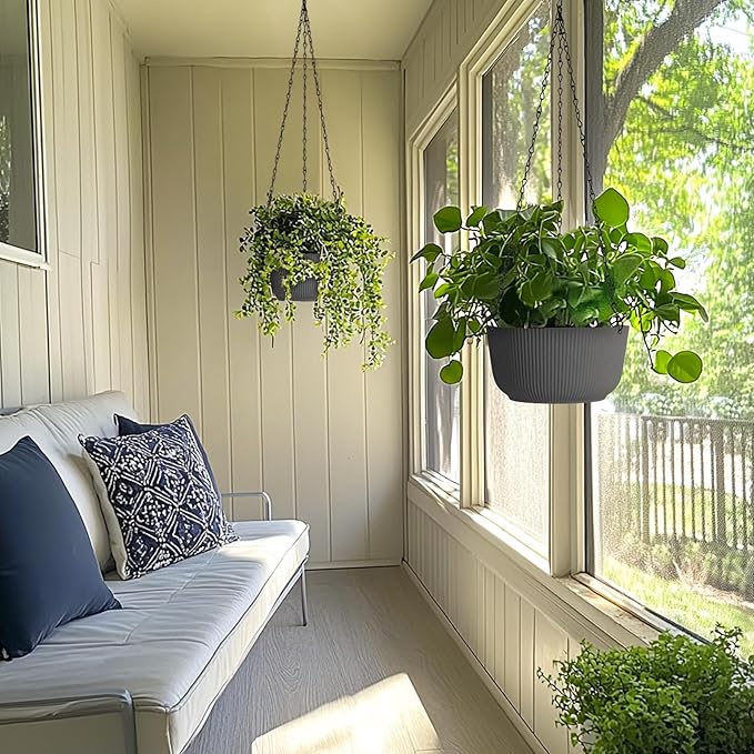 T4U 8 Inch Hanging Planters for Indoor Outdoor Plants, Self Watering Hanging Pot Pack of 2, Hanging Pots with Drainage Hole & Plug & Chain with 3 Hooks for Garden Home Decor, Grey