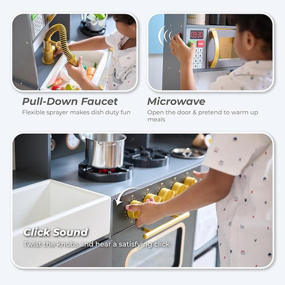 Teamson Kids Little Chef Colonie Play Kitchen for Kids, Gray – 2-Piece Pretend Kitchen Set with Ice Dispenser, Coffee Maker, Farmhouse Sink & Storage, Modern Wooden Toy for Toddlers & Girls Boys