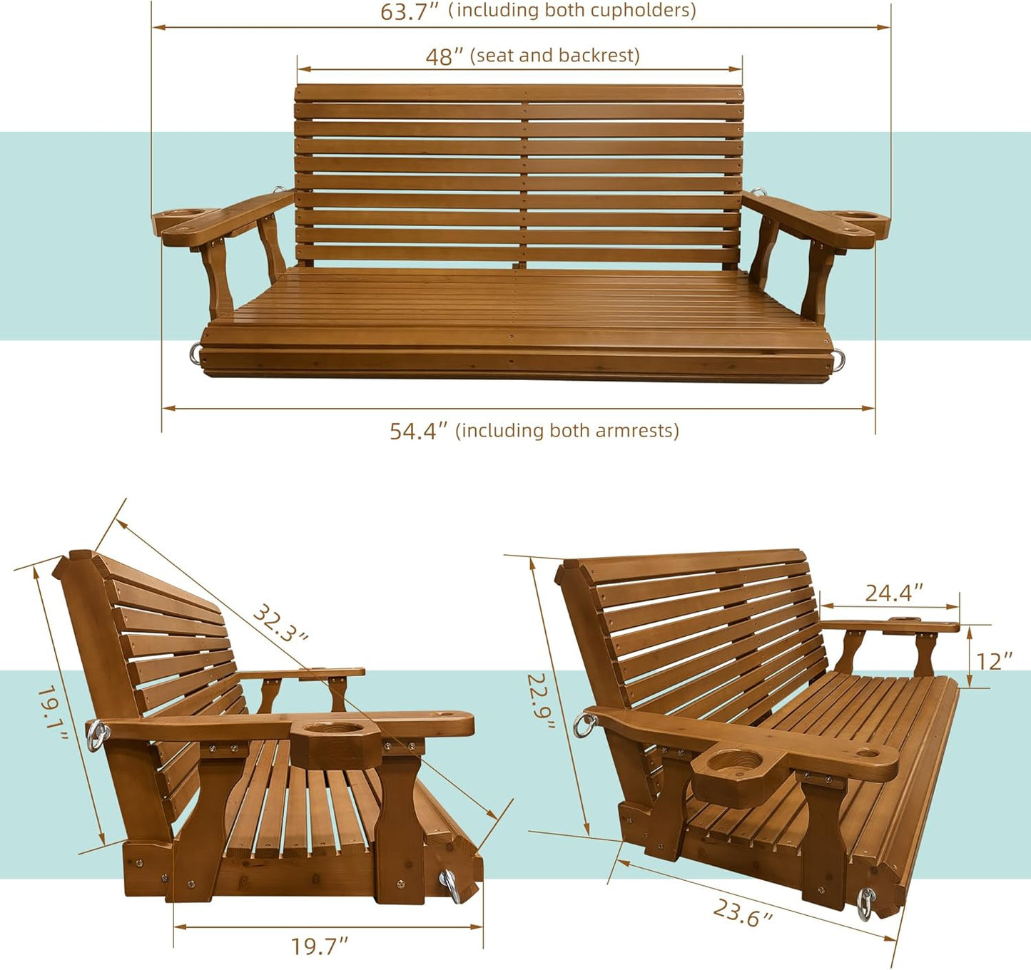 Wooden Porch Swing 2-Seater, Bench Swing with Cupholders, Hanging Chains and 7mm Springs, Heavy Duty 880 LBS, for Outdoor Patio Garden Yard (Cedar Tone, 4.5 FT Extra Large)