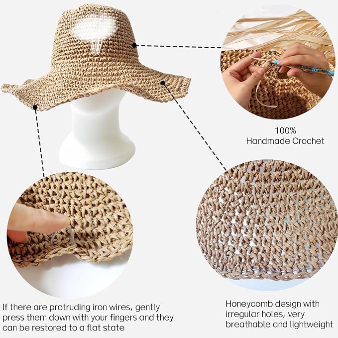 Womens Straw Beach Sun Hats, Foldable Packable Floppy Handmade Crochet Hats for Women,Large Summer Vacation Wide Brim Hat