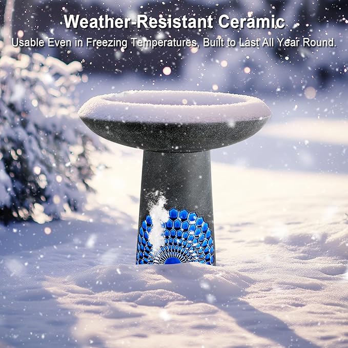 21.5'' Tall Ceramic Bird Bath for Outdoor, Heavy Duty - Cold-Weather Resistant Bird Bath, Garden and Patio Décor - Diamond Blue