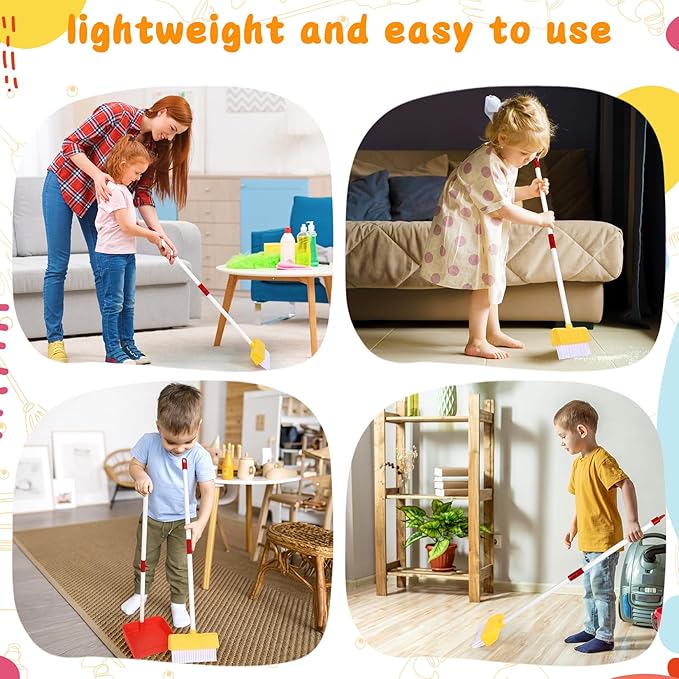 Kids Cleaning Toy Set Toddlers Broom Dust Pan Set for Housekeeping Pretend Play Cleaning Set, Cleaning Toys Gift for Toddlers Girls Boys Age 3-6 Years Old (2PCS - Red and Yellow Set)