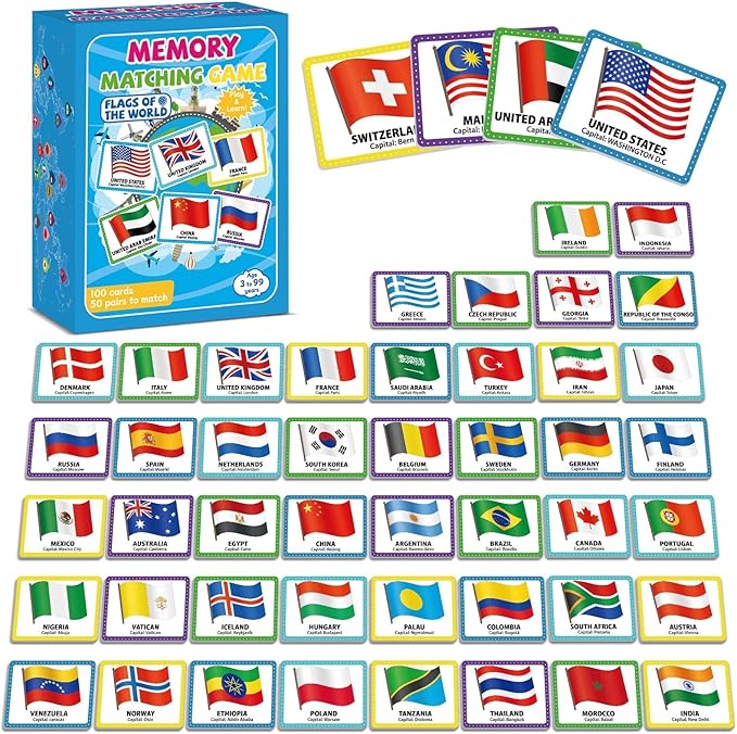 gisgfim 50 Pairs Memory Matching Game Flags of The World Concentration Memory Card for Kids and Adults Learning Educational A Fun & Fast Countries of The World Matching Games