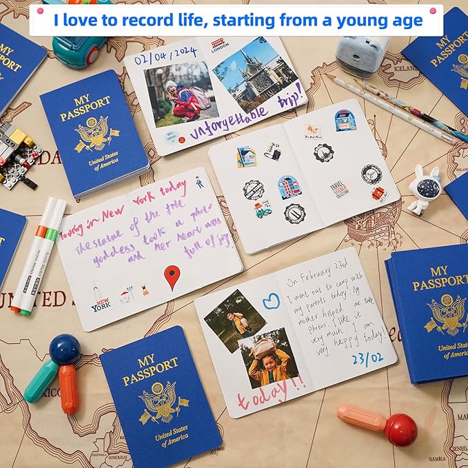 60 Pcs Blank Passport Notebook Blue Passport Book Fake Passport Travel Journal Sticker Collection Book for Kids School Projects World Travel Pretend Activity Party Favors, 5.51x3.9 Inch