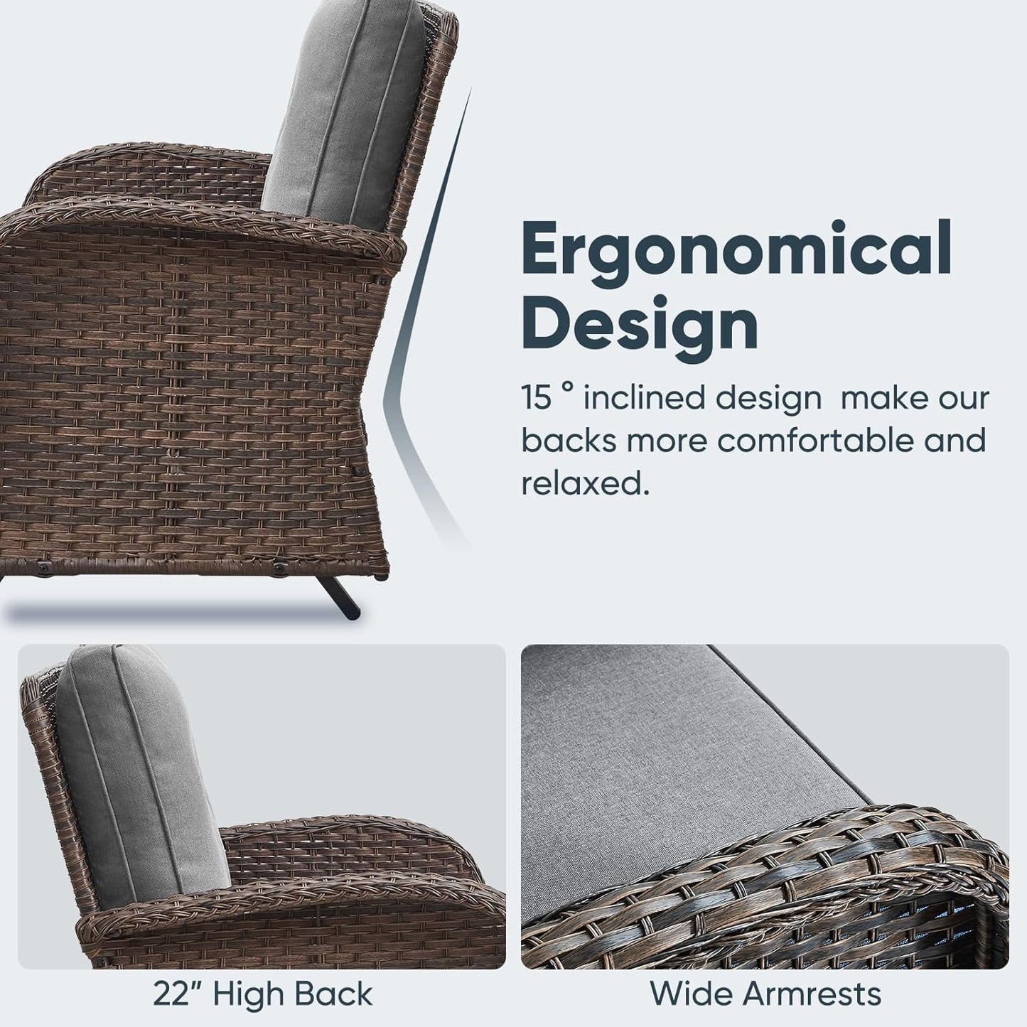 5 Piece Outdoor Patio Furniture Set with Deep Seating Swivel Rocker Chairs Loveseat and Rattan Coffee Table Outdoor Conversation Sets for Deck Backyard Poolside, Gray