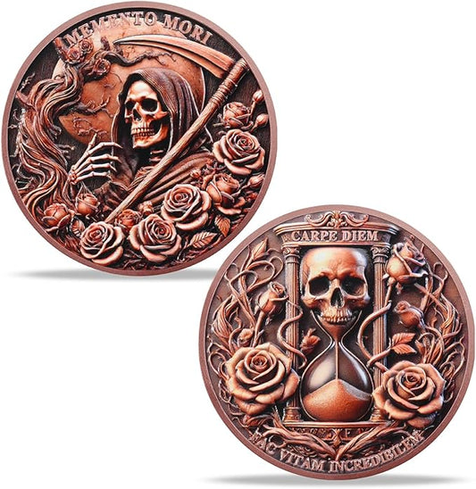 AtSKnSK Memento Mori Coin Momento Mori Coin Skull Coin Stoic Gifts Memento Mori Calendar Living Memento Mori Amor Fati Coin (Dead Tree Rose Skeleton)
