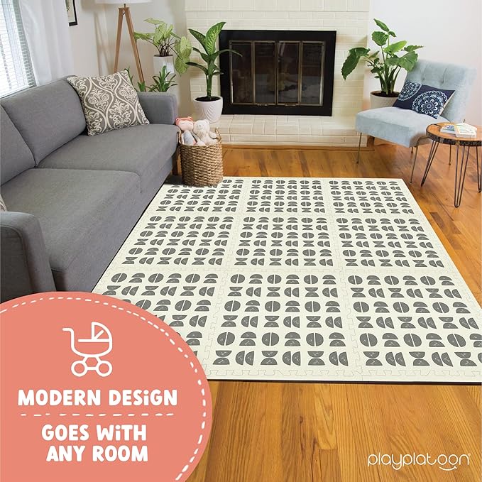 Play Platoon Non-Toxic Large Kids Mats for Floors, 9 Tile 72 x 72 inch, Extra-Thick Interlocking Tiles, 24 x 24 in. Puzzle Mat Pieces with Border, Neutral Playmat Rug for Toddlers & Children