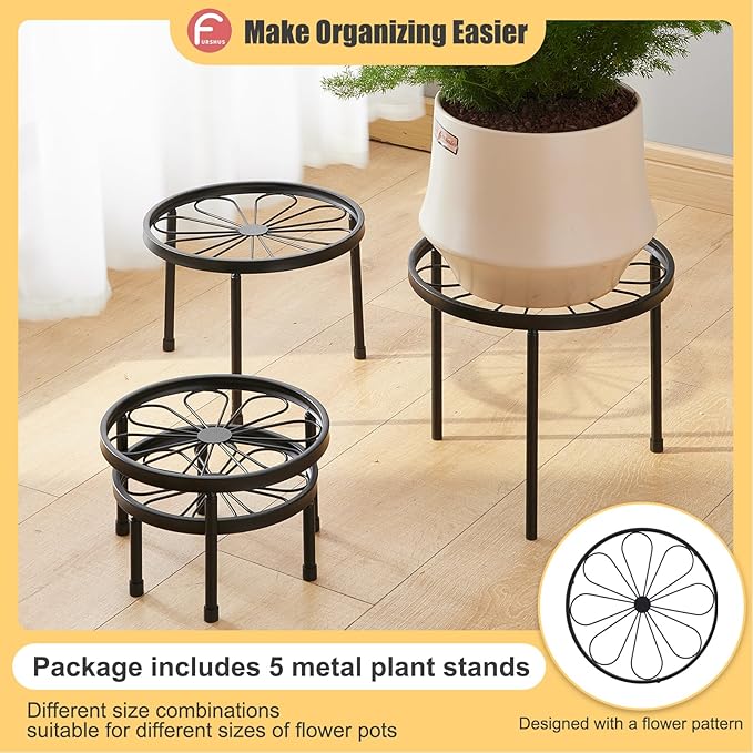 Plant Stand,5 Pack Heavy Duty Flower Pot Stands,Metal Decoration Racks,Round Plant Shelf for Planter Outdoor and indoor (Black)
