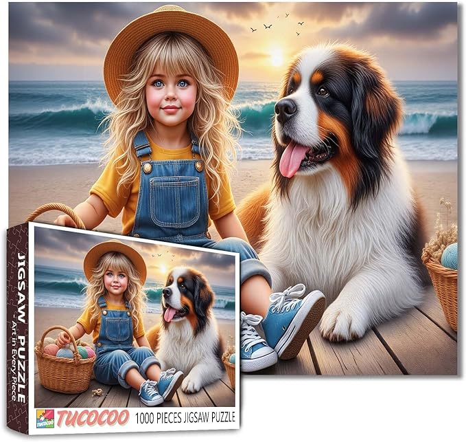 Girl and Dog 1000 Piece Jigsaw Puzzle for Adults, Sunset Beach Ocean Coastal Artwork Puzzles, Family Game Nights Activities, Home Wall Decor DIY Craft Gift and Fun Challenge Puzzle 27x20 Inch