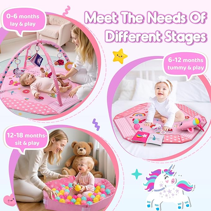 Unicorn Baby Gym Play Mat, 9-in-1 Tummy Time Mat with 7 Baby Toys, Washable Baby Activity Mat for Visual, Sensory, Motor Development, Newborn Baby Toys Gift for Toddler 0-3-4-6-9-12 Months