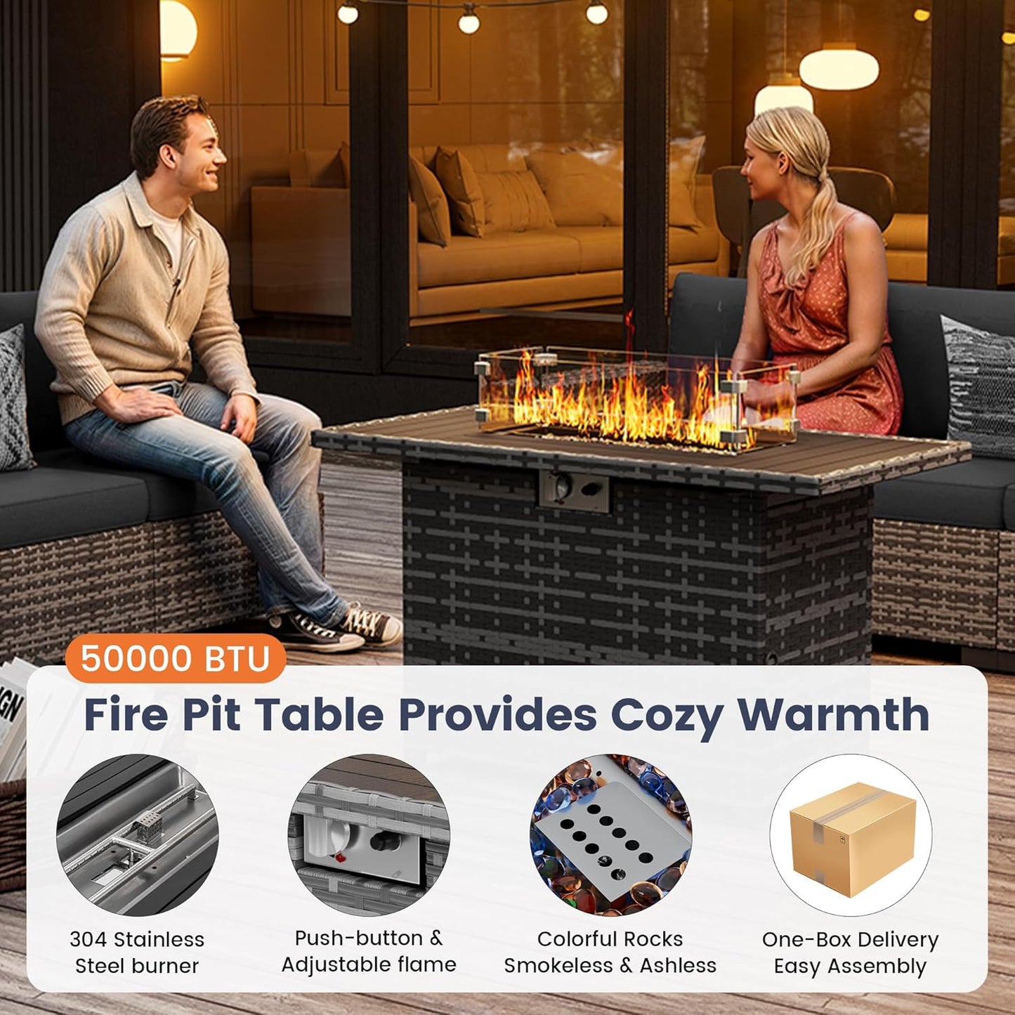 UDPATIO Patio Furniture Set with Fire Pit Table, 8 Piece Outdoor Sectional Modular Sofa, Wicker Outdoor Furniture Conversation Sets with Waterproof Cover for Backyard Deck(Grey/Black)
