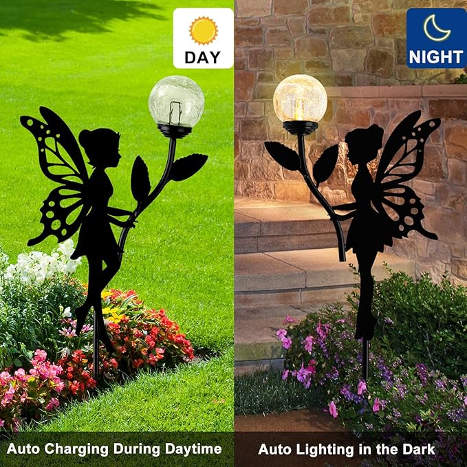 Ouddy Decor 2 Pack Solar Fairy Garden Decor, Metal Statues with Crackle Glass Globe Lights Silhouette Waterproof for Outdoor Lawn Patio Yard Pathway Home Decorations Gardening Gifts for Mother's Day
