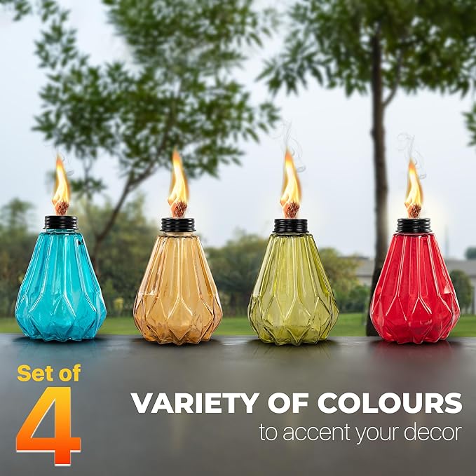Deco Window Pack of 4 Table Torch for Indoor Outdoor Citronella Oil Tabletop Glass Lamp Landscape Multicolored Lantern with Fiberglass Wick & Cap for Garden Patio Yard Party Decor Light